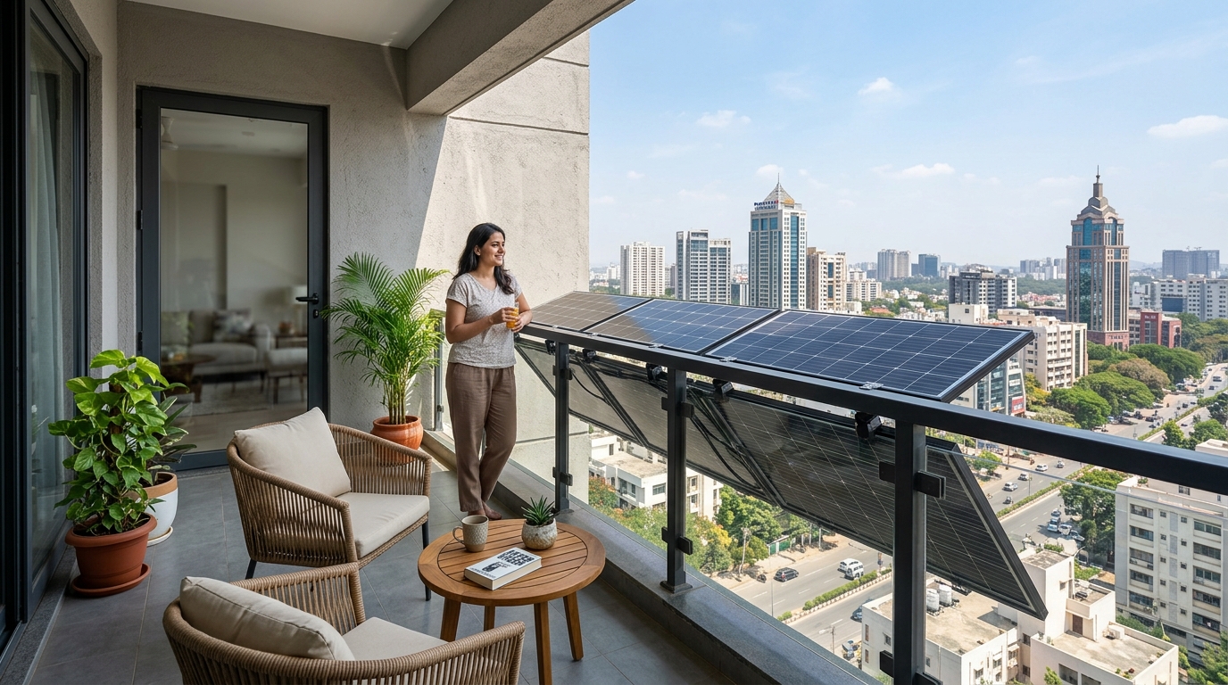 Modern Indian apartment balcony with solar panels mounted on railing