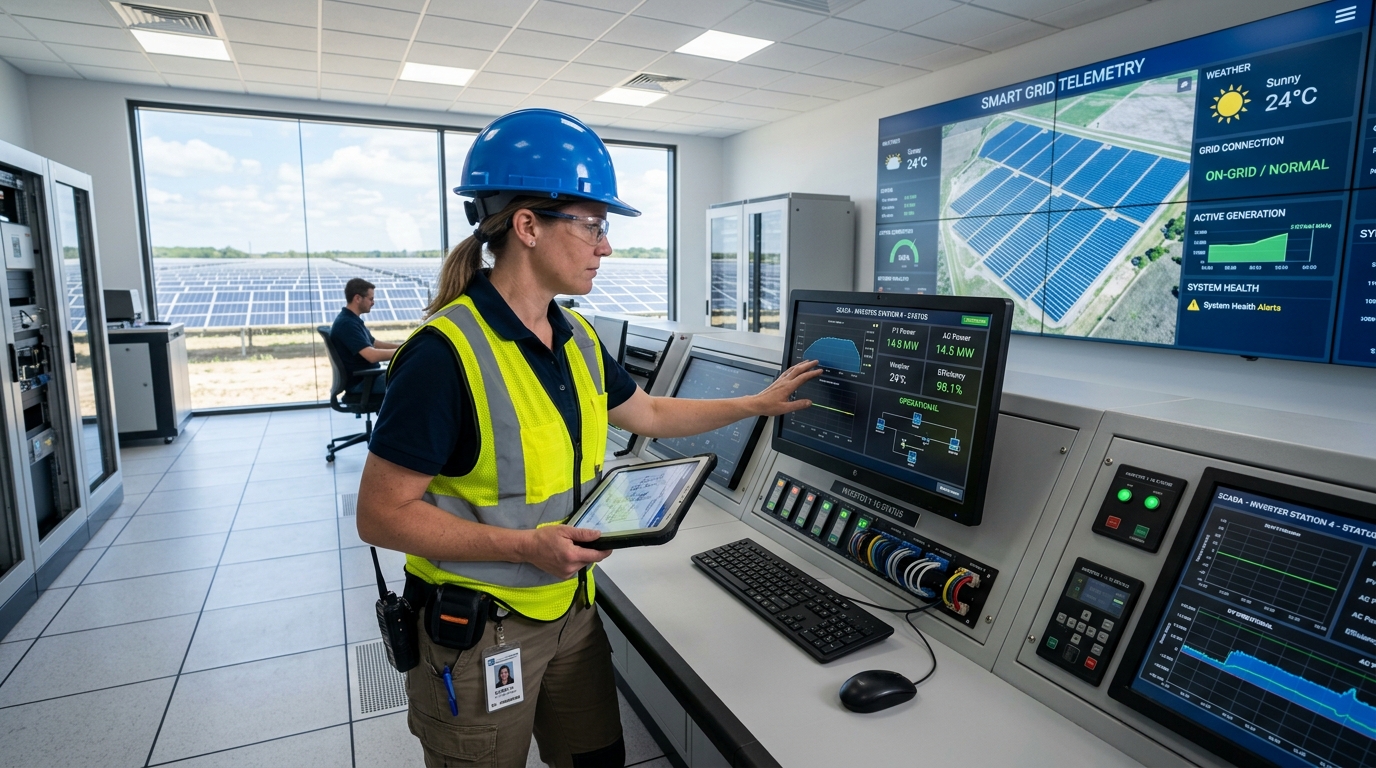 Engineer inspecting modern grid-forming solar inverter control station in electrical substation