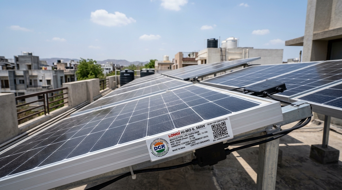DCR vs Non-DCR solar panels on Indian rooftop showing QR code and domestic content certificate