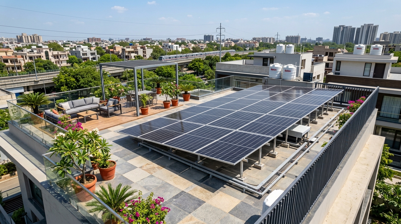 Rooftop solar panels installed on a modern residential house in Delhi NCR