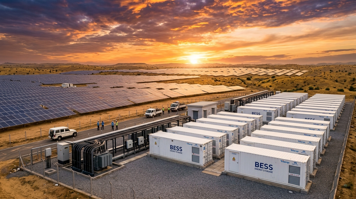 Utility scale solar farm paired with battery energy storage system BESS in India