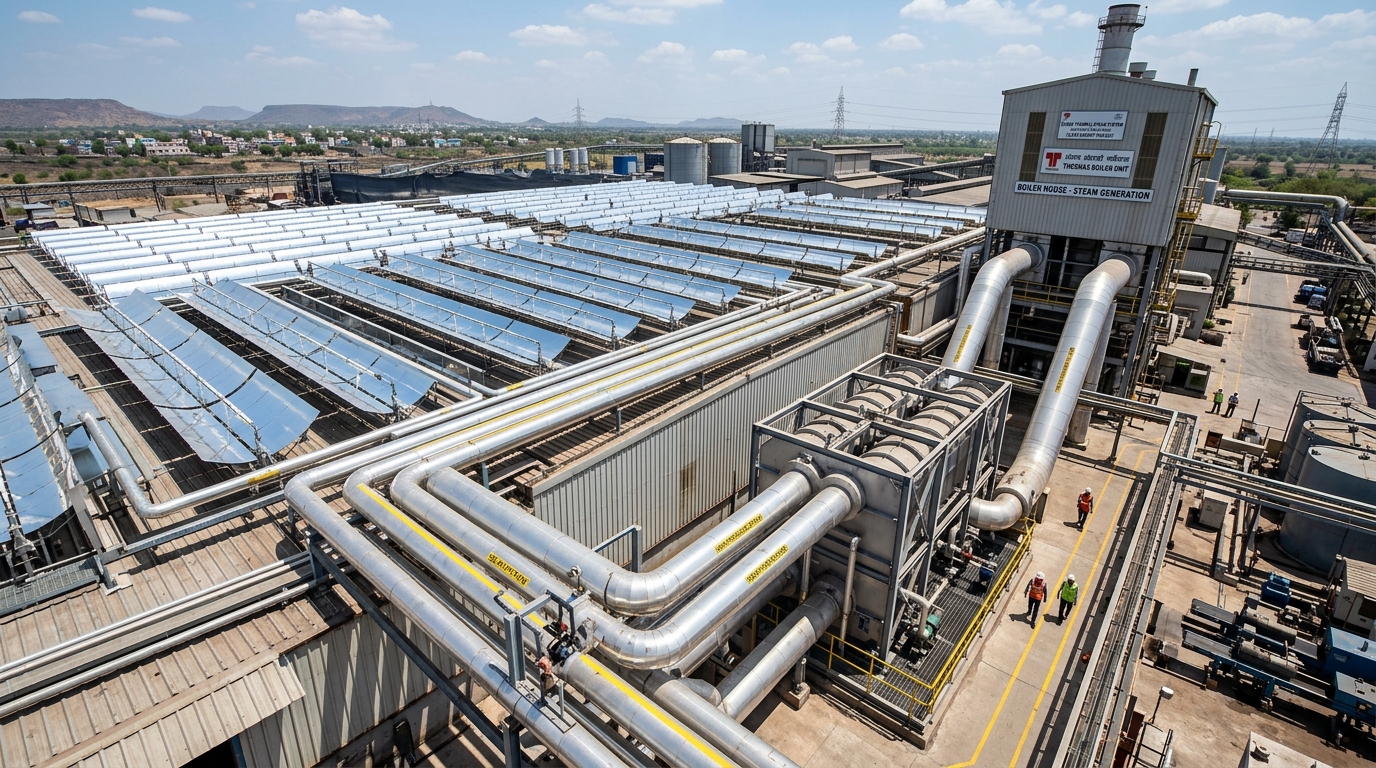 Industrial manufacturing facility in India equipped with rooftop concentrated solar thermal collectors and steam pipes