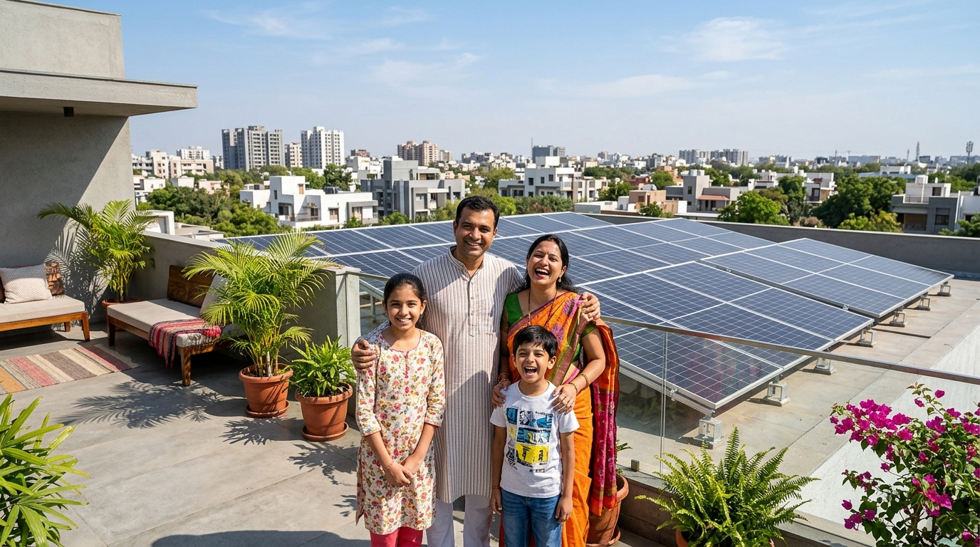 Indian family on residential terrace with PM Surya Ghar solar panels
