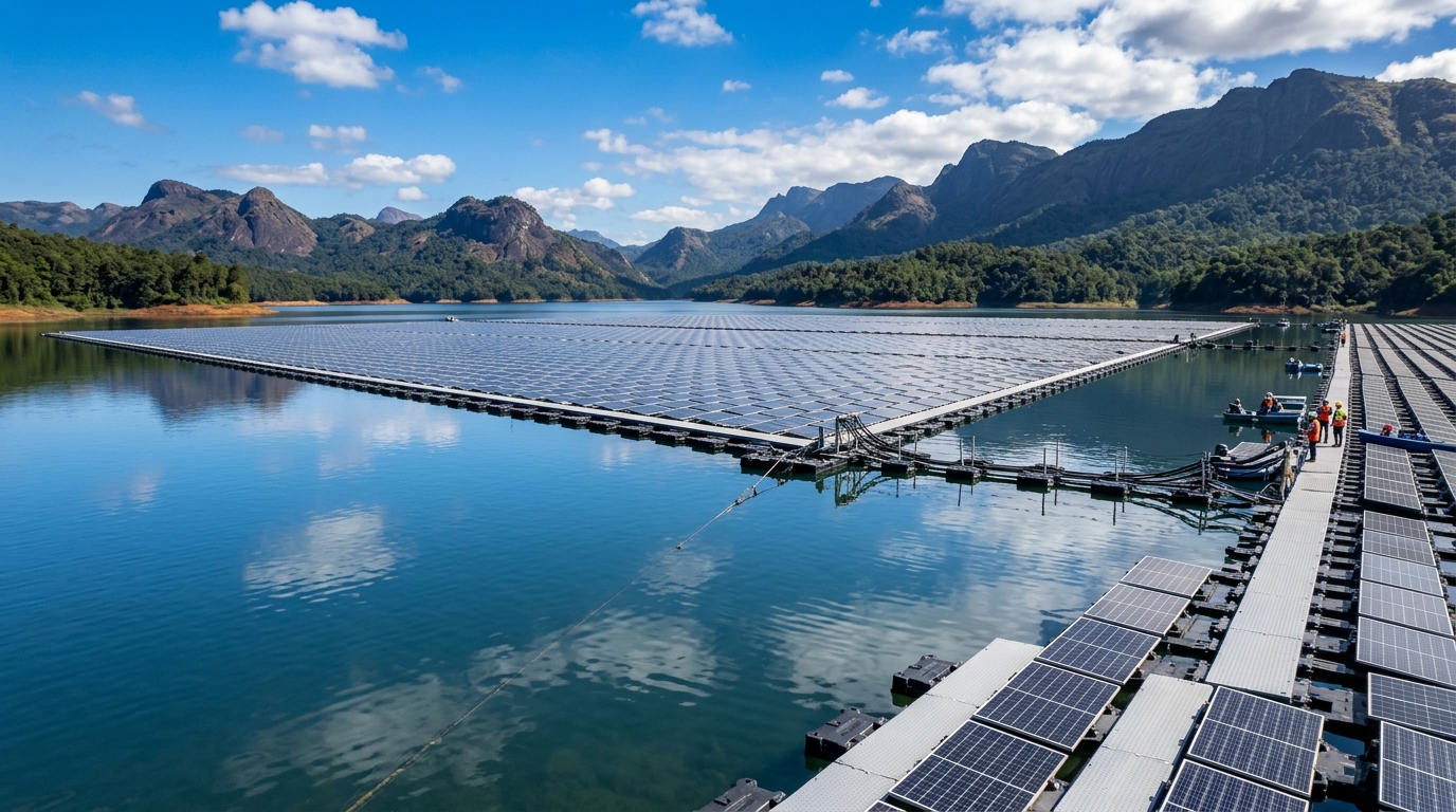 Large scale floating solar farm on Indian lake reservoir with mountains