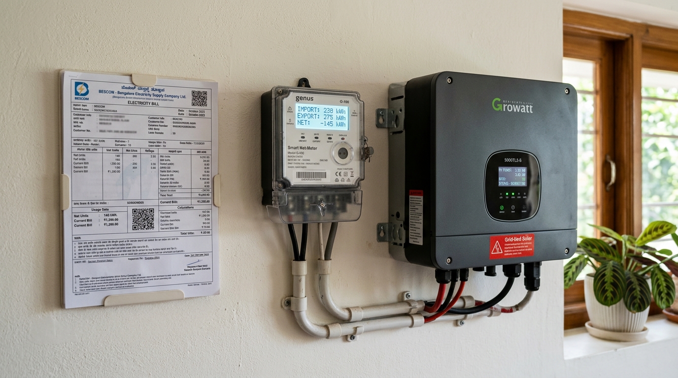 Electricity bill and smart net meter showing net units after solar installation